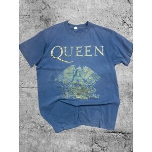 Vintage Queen Band T Shirt Blue Gold Crest Rock Tee Single Stitch